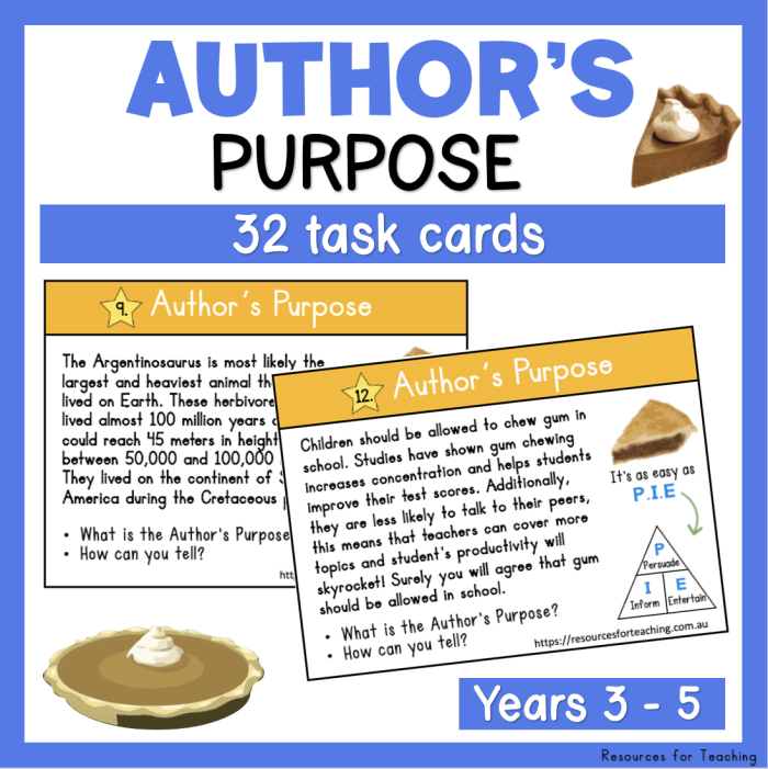 Author’s Purpose Task Cards worksheet for third graders focusing on identifying the author's intention. Engaging activity with eight sample paragraphs and text evidence.