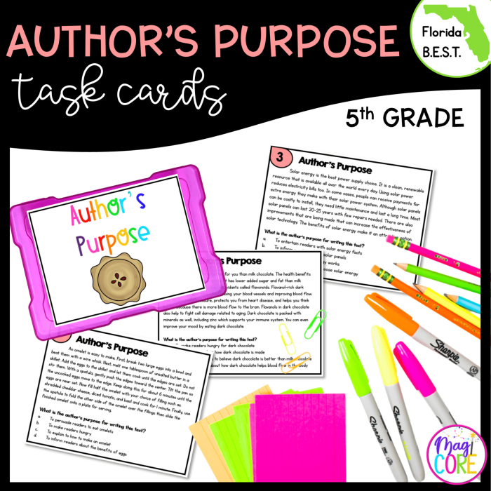 Author’s Purpose Task Cards worksheet for third graders featuring sample paragraphs for analysis