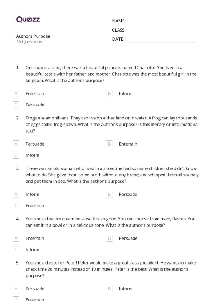 Worksheet for identifying the author's purpose in reading materials for fourth graders