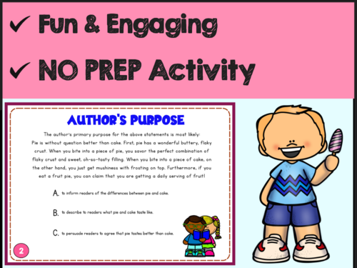 Third grade students practice identifying the authors purpose in reading passages with these eight task cards