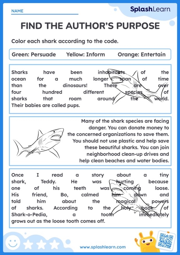 Fourth grade student worksheet for identifying the author's purpose by distinguishing between persuade, inform, and entertain