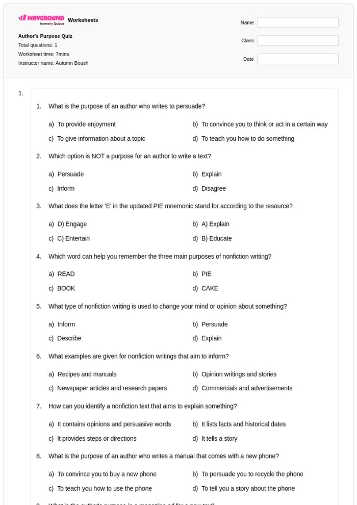 Illustration of a sorting activity for understanding author's purpose in sentences Worksheet featuring Author's Purpose Sort: It’s as Easy as Pie! for third graders