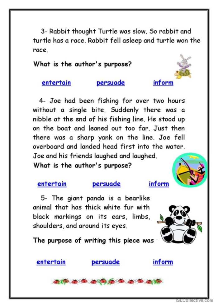 Author's Purpose Sort: It's as Easy as Pie! Worksheet Image 22 Worksheet for sorting author's purpose in sentences for third graders