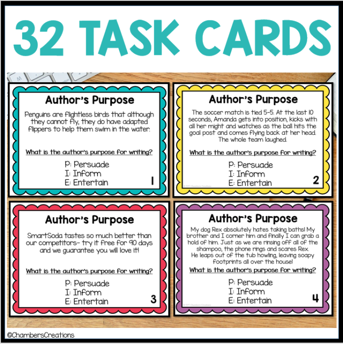 Author’s Purpose Task Cards worksheet for third graders featuring practice paragraphs and text evidence activities
