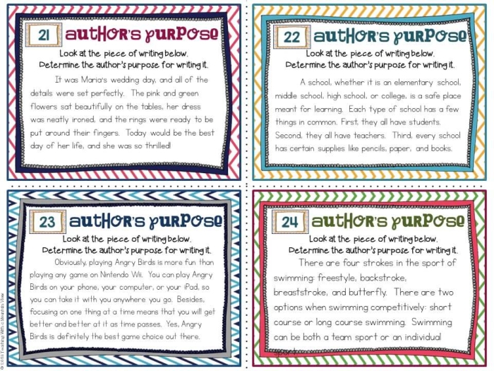Worksheet image illustrating the Author's Purpose Task Cards for third graders analyzing text
