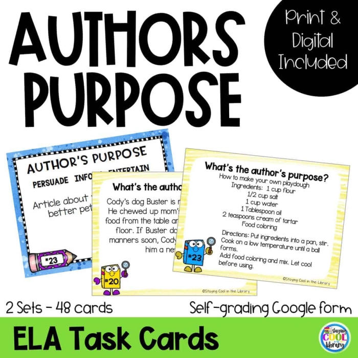 Worksheet featuring Author’s Purpose Task Cards for third graders to practice identifying the author's intent. Educational resource image for the Author’s Purpose Task Cards worksheet aimed at enhancing reading comprehension skills.
