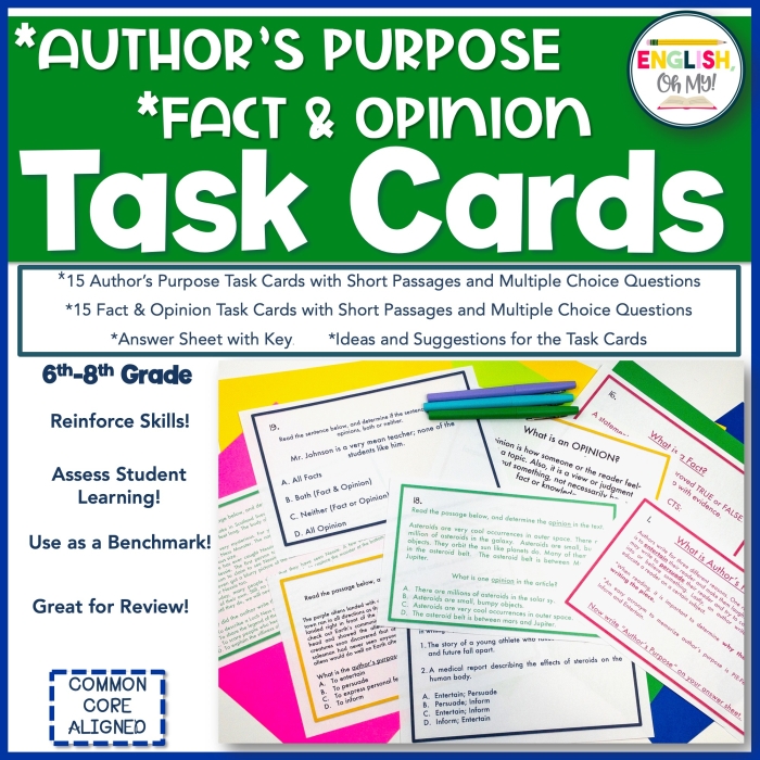 Third grade students identifying author purpose using text evidence on a printable task card worksheet
