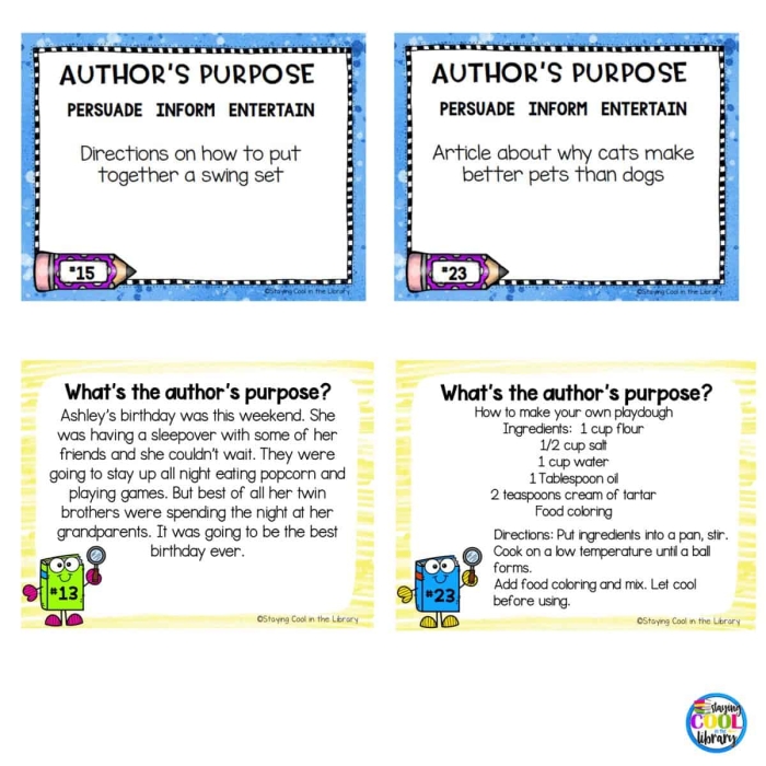 Worksheet featuring Author’s Purpose Task Cards for third graders to enhance reading skills