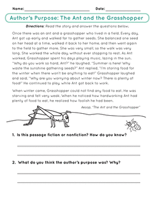 Worksheet featuring "The Ant and the Grasshopper" to explore author's purpose for second graders