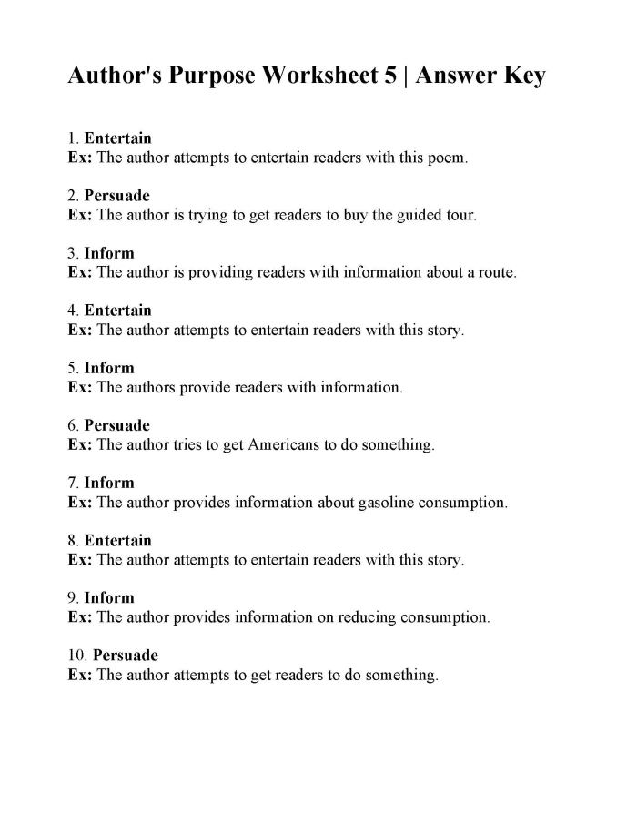 Second grade worksheet for identifying the author's purpose by explaining or persuading through literature