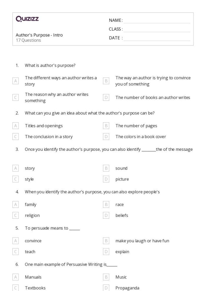 Second grade student worksheet for identifying author purpose with space to justify answers