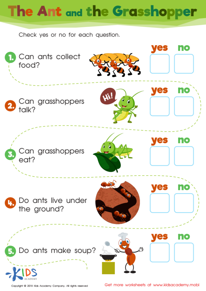 Worksheet illustrating Author's Purpose with The Ant and the Grasshopper fable for second graders