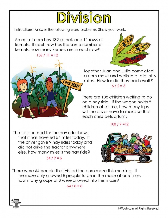 Seasonal math practice worksheet featuring fall-inspired word problem exercises for elementary learners Fourth grade students solving autumn-themed math word problems involving addition, subtraction, multiplication and division skills