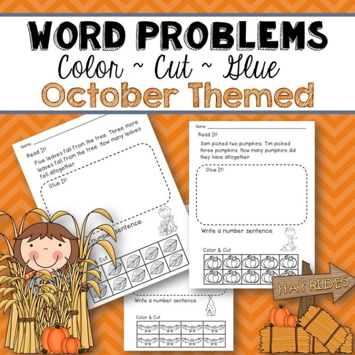 Autumn Word Problems Worksheet for Fourth Grade Math Practice 10 Fourth grade math worksheet featuring autumn themed addition subtraction multiplication and division word problems