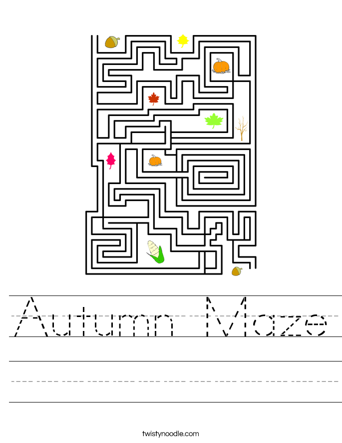 Autumn Maze Handwriting Worksheet Number 24 for First Grade First grade students trace a path through an autumn themed maze to practice handwriting skills