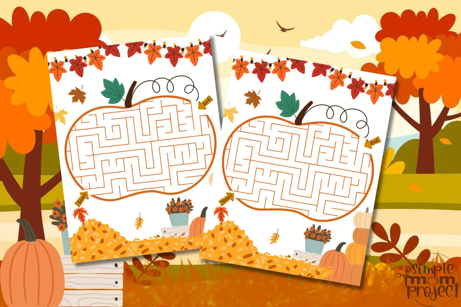 Autumn Maze Worksheet 9: Fall-Themed Path Tracing Exercise for Beginning Writers First grade student tracing through an autumn-themed maze from start to finish as a handwriting practice activity
