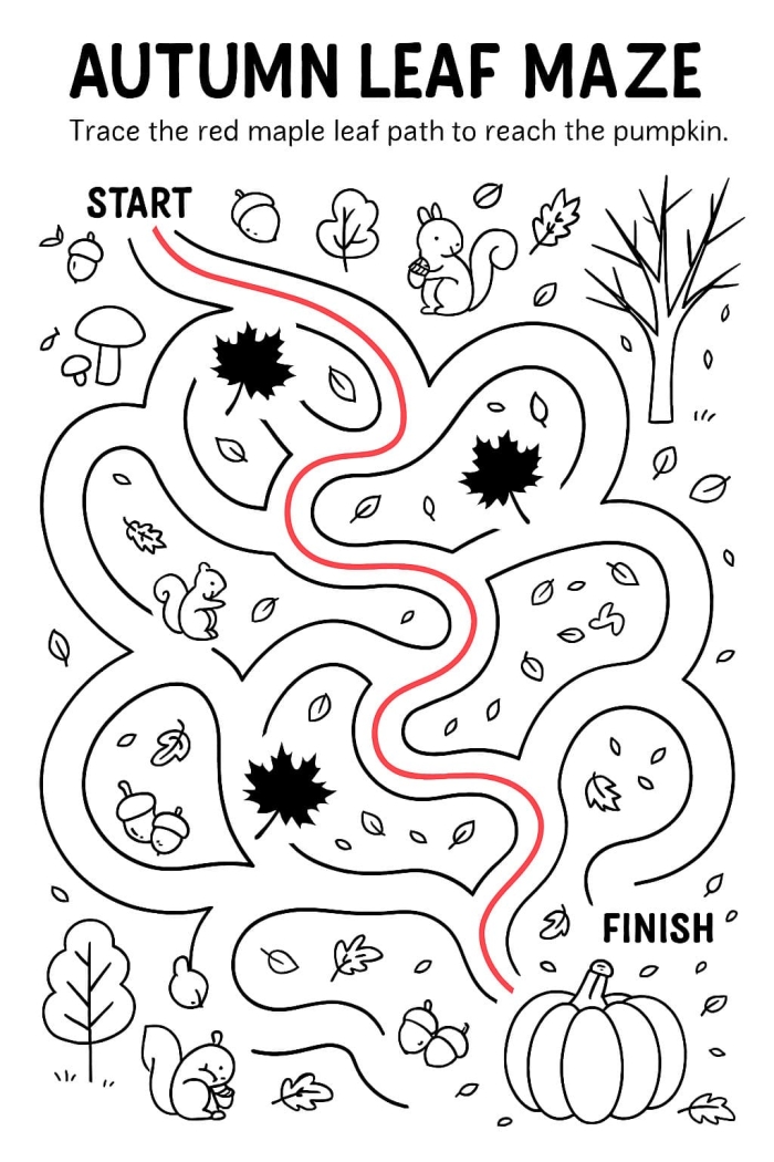 Fall Maze Tracing Activity for Beginning Learners First grade student tracing a path through an autumn-themed maze from start to finish