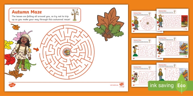 Autumn Maze Handwriting Worksheet Number 25 First grade student tracing a path through an autumn themed maze worksheet
