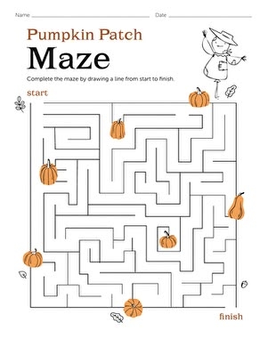 Fall Maze Activity for Early Learners - Worksheet 14 First grade student tracing autumn maze path from start to finish on handwriting worksheet