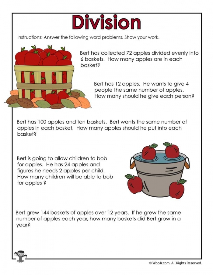 Autumn Word Problems Practice Worksheet for Elementary Math Skills Fourth grade students solving autumn-themed math word problems involving fall leaves and seasonal activities