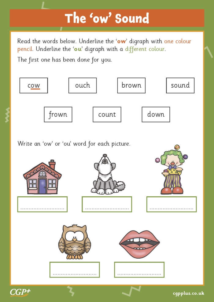 Aw and Ow Sound Check-in Worksheet Image 17 Second grade student completing an aw and ow vowel team phonics assessment worksheet