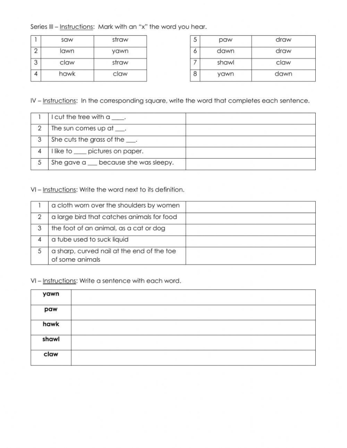 Aw and Ow Sound Check-in Worksheet 13 Second grade phonics worksheet focusing on distinguishing between words containing the aw and ow vowel teams