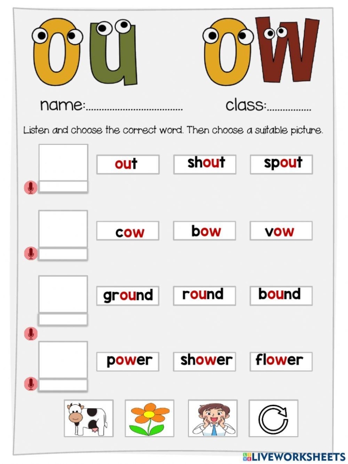 Aw Ow Sound Check-in Assessment Activity for Young Learners Second grade phonics worksheet for assessing aw and ow vowel team sounds with practice exercises