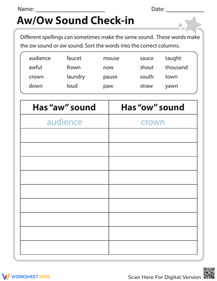 Aw and Ow Sound Check-in Worksheet for Second Grade Phonics 16 Second grade phonics worksheet focusing on distinguishing between aw and ow vowel sound spellings