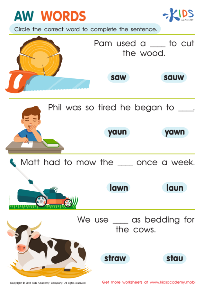 Aw and Ow Sound Check-in Worksheet Number 19 Second grade phonics worksheet focusing on distinguishing between aw and ow vowel team spellings