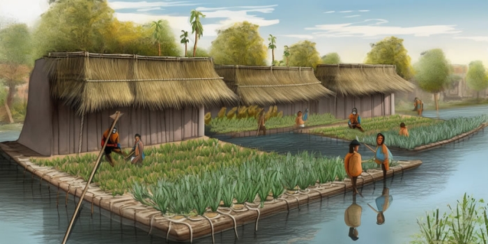 Aztec Chinampas Floating Gardens Sixth Grade Reading Comprehension Worksheet A sixth grade worksheet showing an illustration of an Aztec chinampa floating garden for a world history reading lesson