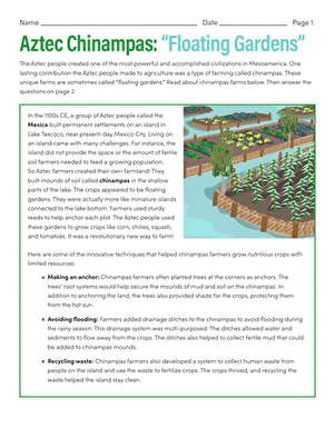 Aztec Chinampas Floating Gardens Sixth Grade History Worksheet Sixth grade students reading a worksheet about Aztec chinampas floating garden farming techniques