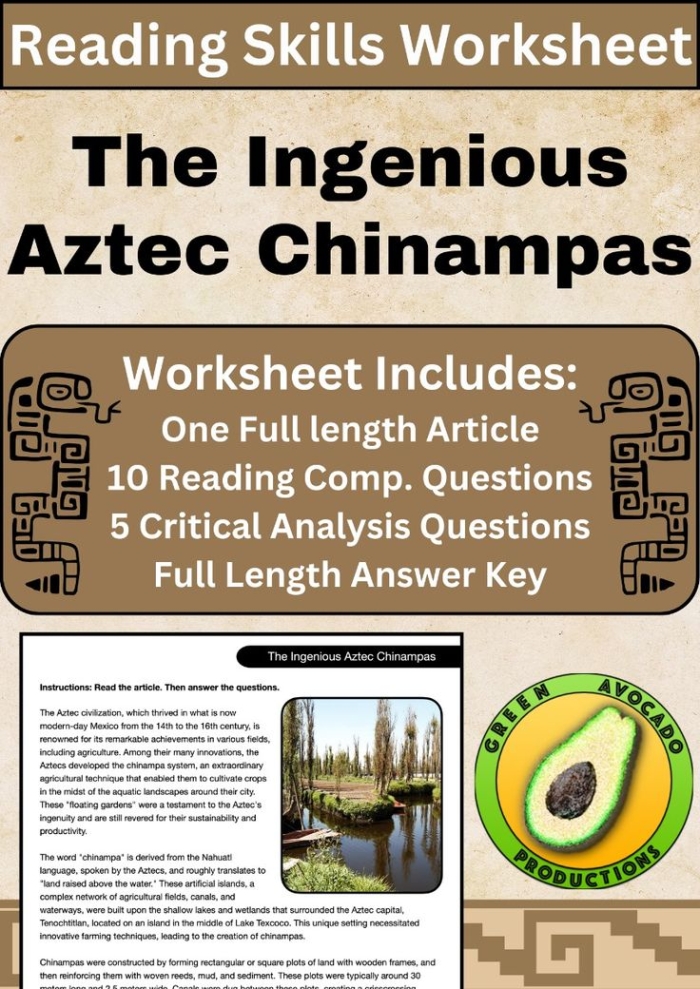 Sixth grade worksheet about Aztec chinampas farming methods and history Illustration of Aztec floating gardens with crops growing on artificial islands in water channels surrounded by trees and mountains