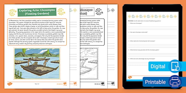 Image title: Aztec Floating Gardens Grammar Worksheet for Middle School Students ALT text: Sixth grade worksheet about Aztec chinampas floating gardens farming techniques with reading comprehension questions