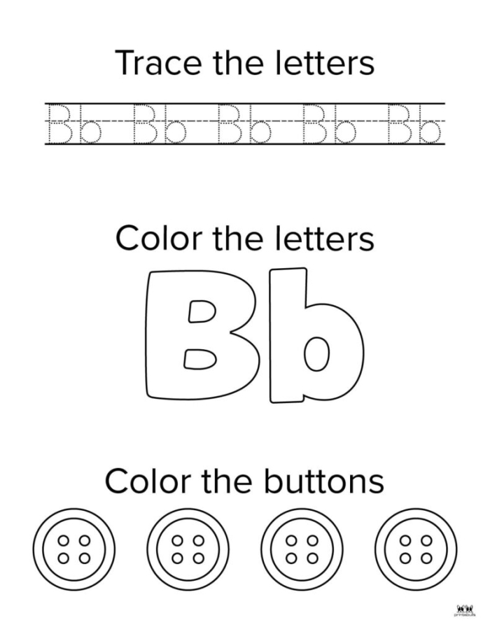 B Is For worksheet featuring letter B tracing and coloring activities for preschool subtraction practice