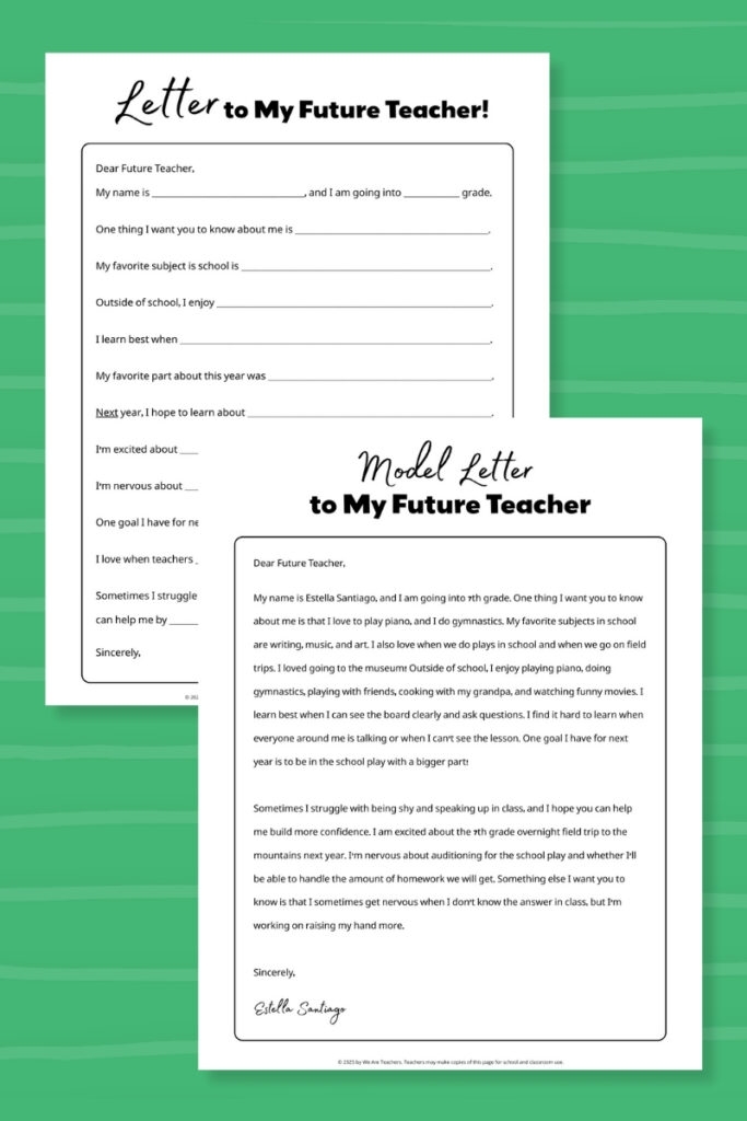 Worksheet image for fifth-grade students on writing to their future selves Back-to-school writing prompt worksheet for sending a letter to your future self