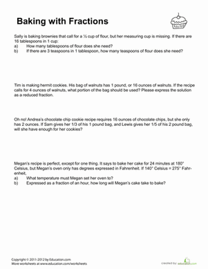 Baking with Fractions worksheet for 5th grade students focusing on ingredient calculations