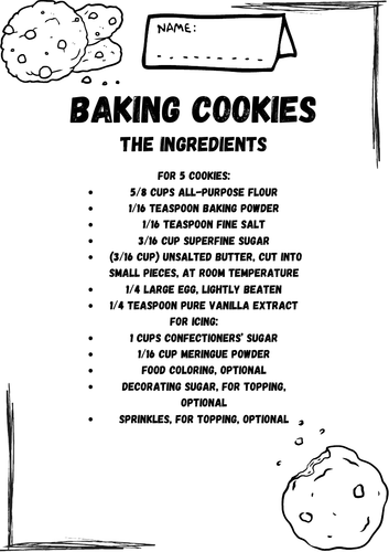 Baking with Fractions worksheet for fifth graders focusing on ingredient calculations