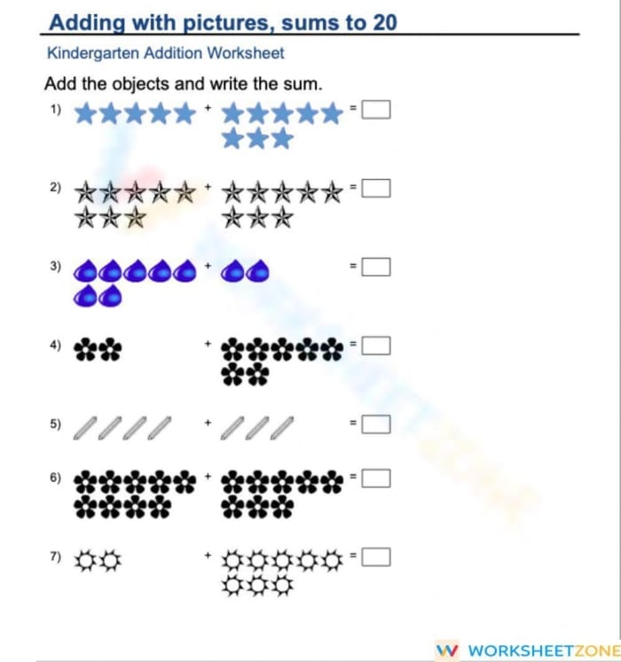 Engaging Adding Up To 20 worksheet designed for young learners to practice addition skills Colorful worksheet for kindergarten students featuring addition problems within 20 using balloons
