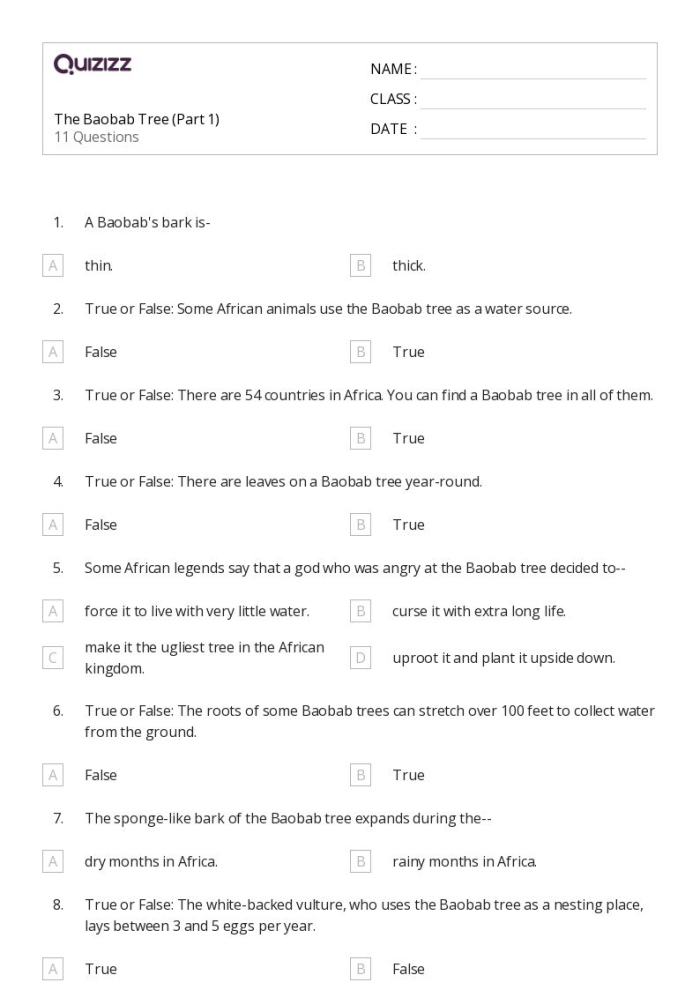 ALT text for a worksheet on the unique baobab tree, often called Africa's "tree of life