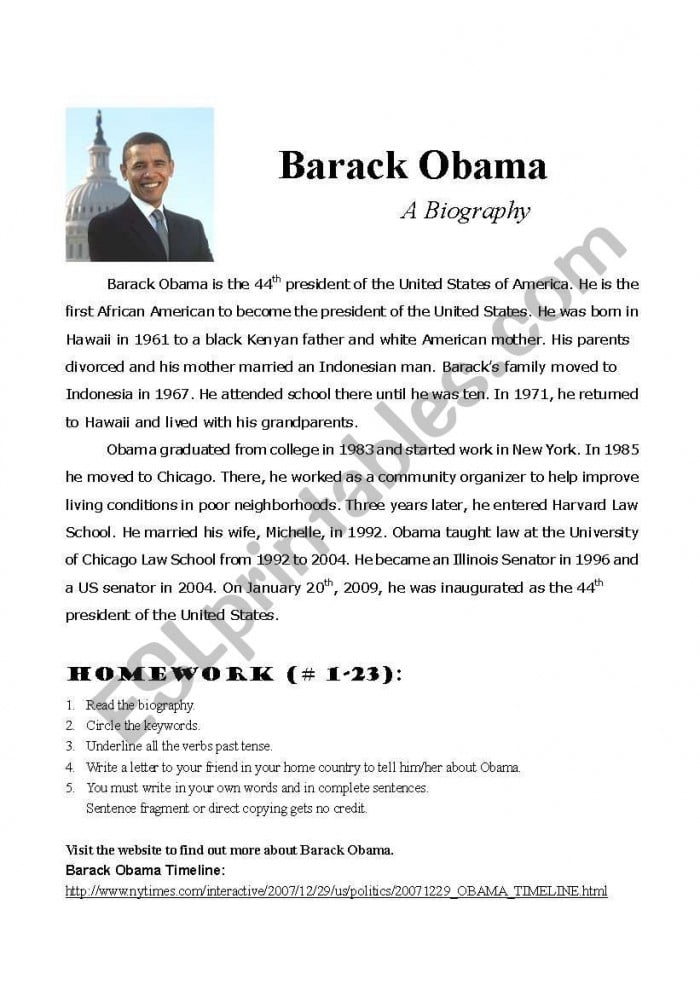 Using a Timeline: Barack Obama Educational Worksheet 15 A worksheet featuring a chronological timeline of Barack Obama for second grade students