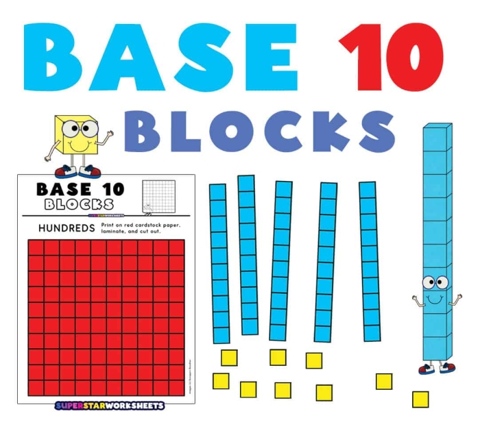 Base 10 blocks worksheet for second graders to practice mixed operations and visualize numbers. Educational worksheet designed to help kids understand the concept of base 10.