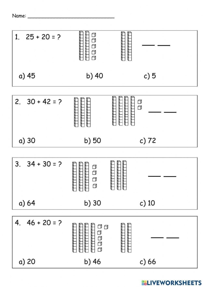 Base 10 blocks worksheet for second graders to help visualize numbers and practice mixed operations