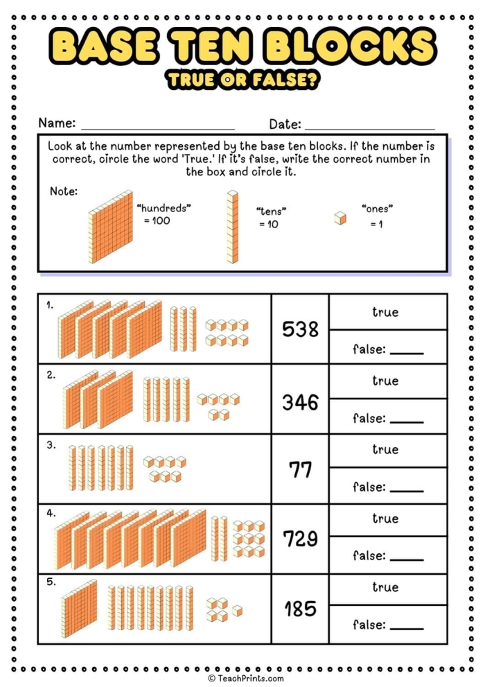 Base 10 blocks worksheet for second graders to practice mixed operations and number visualization