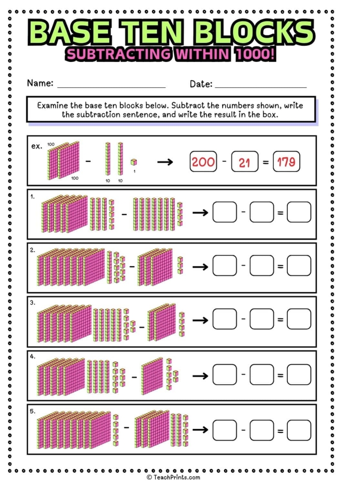 Base 10 blocks worksheet designed for second graders to practice mixed operations