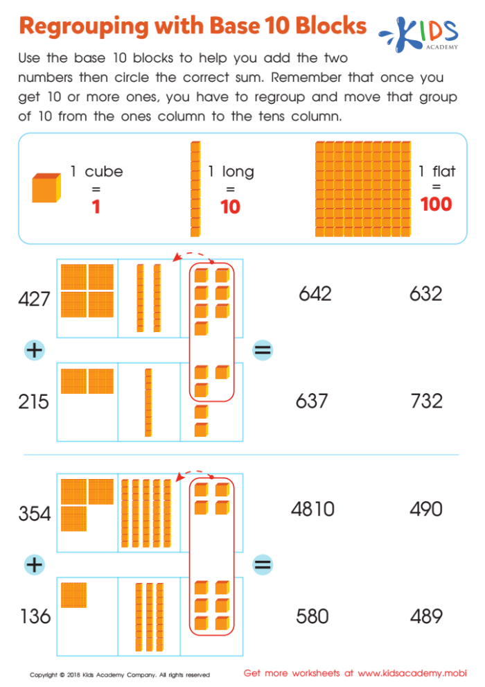 Base 10 blocks worksheet for second graders to practice mixed operations