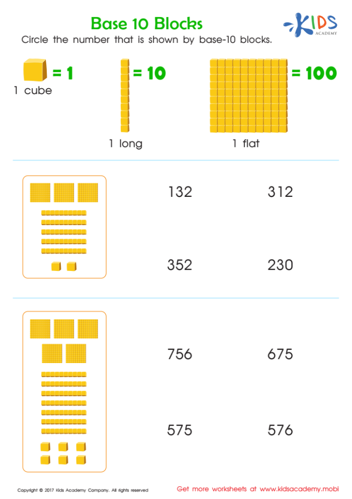 Base 10 blocks worksheet designed for second graders to practice mixed operations