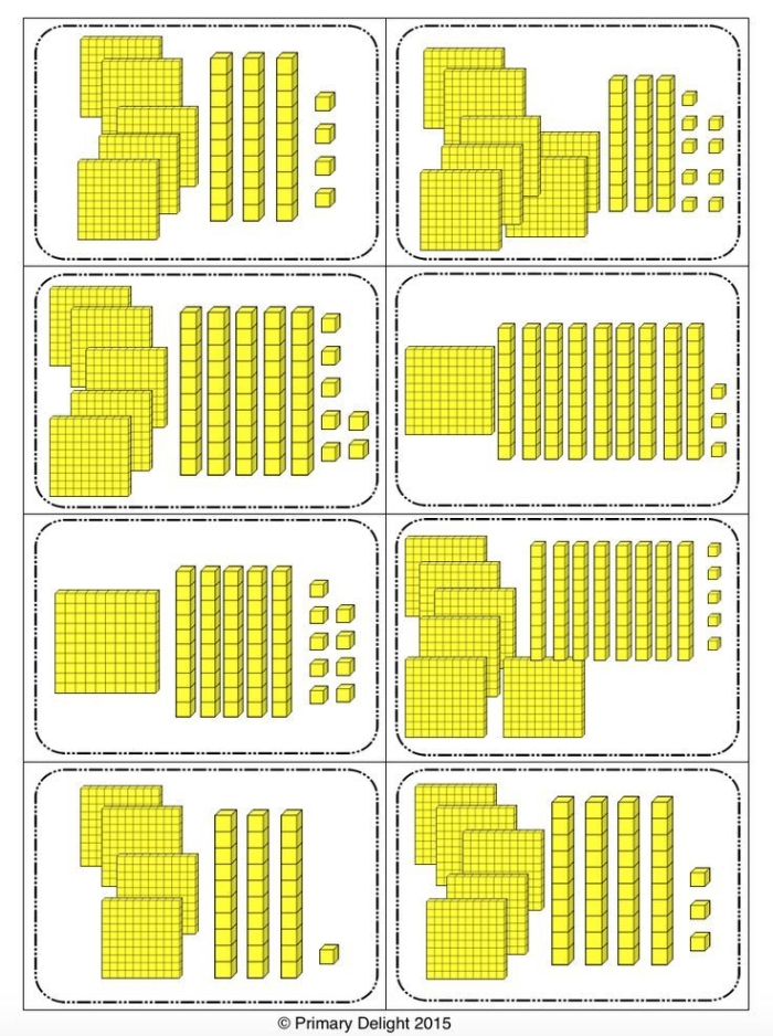 Base 10 blocks worksheet for second graders to practice mixed operations and visualize numbers