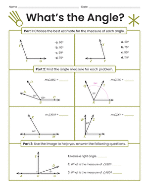 Fourth grade student completing a basic geometry worksheet focused on identifying parts of an angle