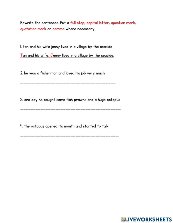 Basic Punctuation Worksheet Number 8 for First Grade Grammar First grade student worksheet for practicing basic punctuation marks in sentences