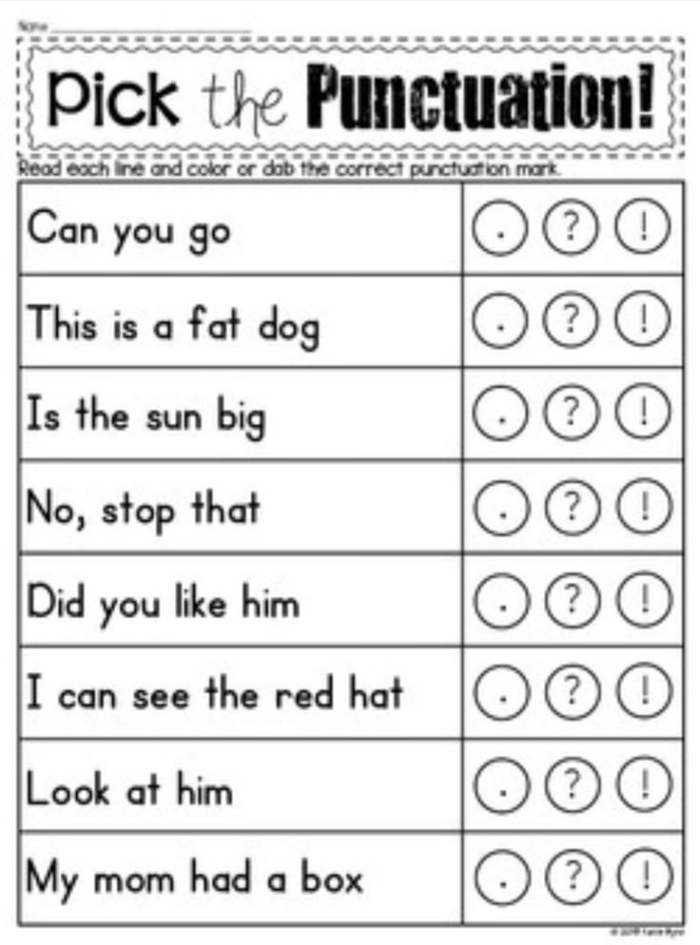 Worksheet image for mastering basic punctuation skills in early writing Basic Punctuation worksheet for first graders focusing on missing ending punctuation marks